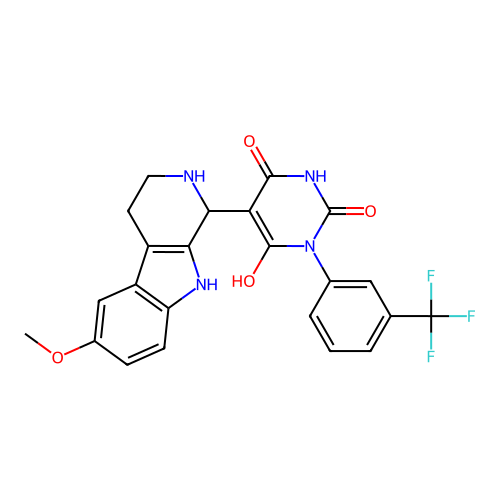 6-hydroxy-5-(6-methoxy-2,3,4,9-tetrahydro-1H-pyrido[3,4-b]indol-1-yl)-3-(3-(trifluoromethyl)phenyl)pyrimidine-2,4(1H,3H)-dione structure