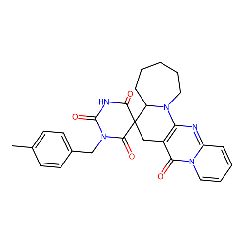 1'-(4-methylbenzyl)-1,2,3,4,5,5a-hexahydro-1'H-spiro[pyrido[1'',2'':1',2']pyrimido[5',4':5,6]pyrido[1,2-a]azepine-6,5'-pyrimidine]-2',4',6',8(3'H,7H)-tetraone structure