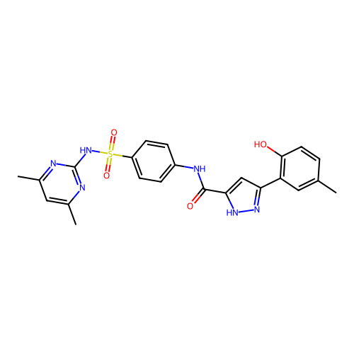 N-[4-[(4,6-dimethyl-2-pyrimidinyl)sulfamoyl]phenyl]-5-(3-methyl-6-oxo-1-cyclohexa-2,4-dienylidene)-1,2-dihydropyrazole-3-carboxamide structure