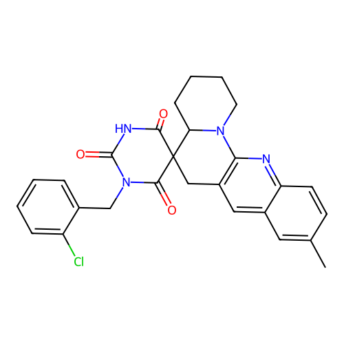 1'-(2-chlorobenzyl)-2'-hydroxy-9-methyl-2,3,4,4a-tetrahydro-1H,4'H,6H-spiro[benzo[g]pyrido[1,2-a][1,8]naphthyridine-5,5'-pyrimidine]-4',6'(1'H)-dione structure