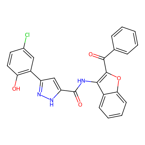 5-(5-chloro-2-hydroxyphenyl)-N-[2-(phenylcarbonyl)-1-benzofuran-3-yl]-1H-pyrazole-3-carboxamide structure