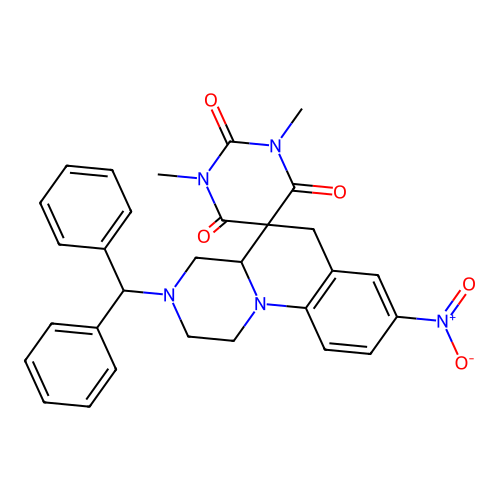 3'-benzhydryl-1,3-dimethyl-8'-nitrospiro[1,3-diazinane-5,5'-2,4,4a,6-tetrahydro-1H-pyrazino[1,2-a]quinoline]-2,4,6-trione structure