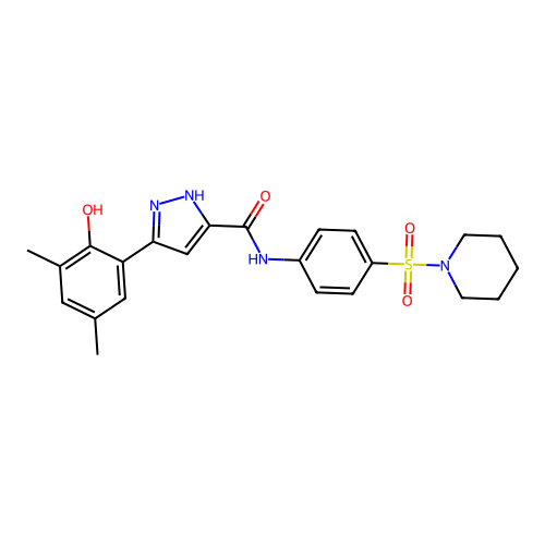 5-(2-hydroxy-3,5-dimethylphenyl)-N-[4-(piperidin-1-ylsulfonyl)phenyl]-1H-pyrazole-3-carboxamide structure