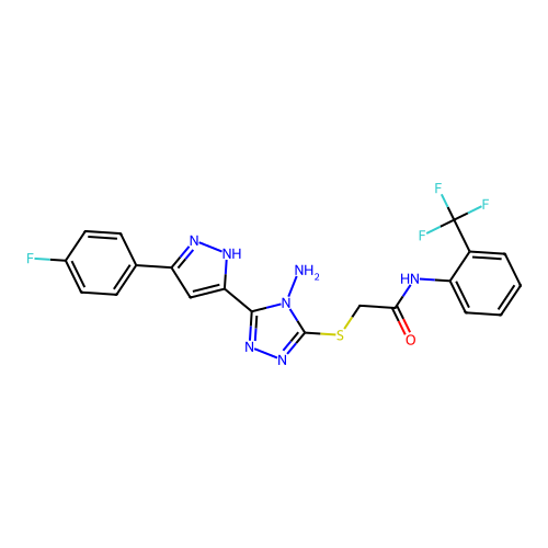 2-((4-amino-5-(3-(4-fluorophenyl)-1H-pyrazol-5-yl)-4H-1,2,4-triazol-3-yl)thio)-N-(2-(trifluoromethyl)phenyl)acetamide structure