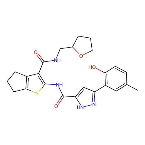 5-(2-hydroxy-5-methylphenyl)-N-{3-[(tetrahydrofuran-2-ylmethyl)carbamoyl]-5,6-dihydro-4H-cyclopenta[b]thiophen-2-yl}-1H-pyrazole-3-carboxamide structure