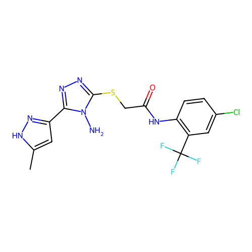 2-((4-amino-5-(3-methyl-1H-pyrazol-5-yl)-4H-1,2,4-triazol-3-yl)thio)-N-(4-chloro-2-(trifluoromethyl)phenyl)acetamide structure