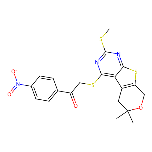 2-((6,6-dimethyl-2-(methylthio)-6,8-dihydro-5H-pyrano[4',3':4,5]thieno[2,3-d]pyrimidin-4-yl)thio)-1-(4-nitrophenyl)ethanone structure