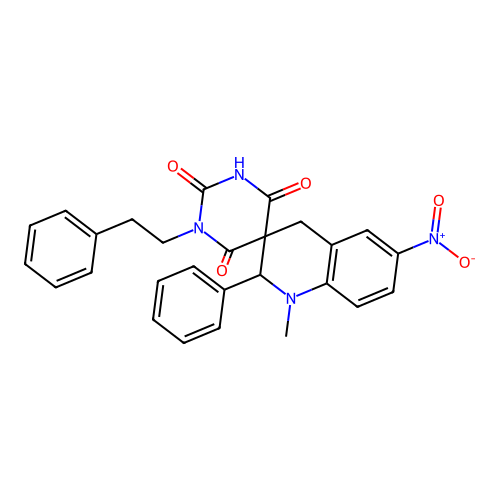 1'-methyl-6'-nitro-1-phenethyl-2'-phenyl-2',4'-dihydro-1H,1'H-spiro[pyrimidine-5,3'-quinoline]-2,4,6(3H)-trione structure