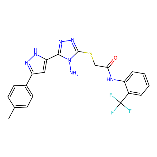 2-((4-amino-5-(3-(p-tolyl)-1H-pyrazol-5-yl)-4H-1,2,4-triazol-3-yl)thio)-N-(2-(trifluoromethyl)phenyl)acetamide structure