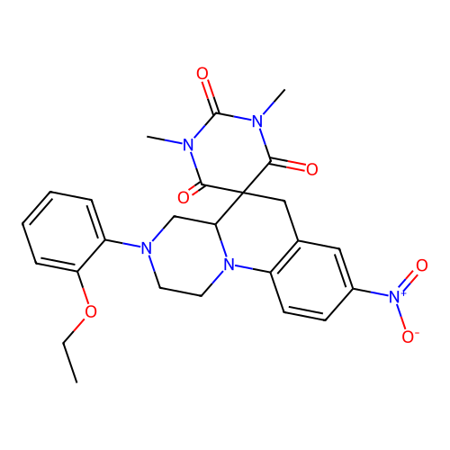 3'-(2-ethoxyphenyl)-1,3-dimethyl-8'-nitrospiro[1,3-diazinane-5,5'-2,4,4a,6-tetrahydro-1H-pyrazino[1,2-a]quinoline]-2,4,6-trione structure