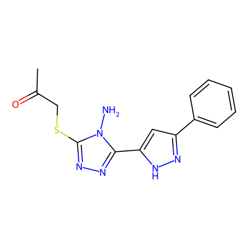 1-[4-amino-5-(3-phenylpyrazol-5-yl)-1,2,4-triazol-3-ylthio]acetone structure