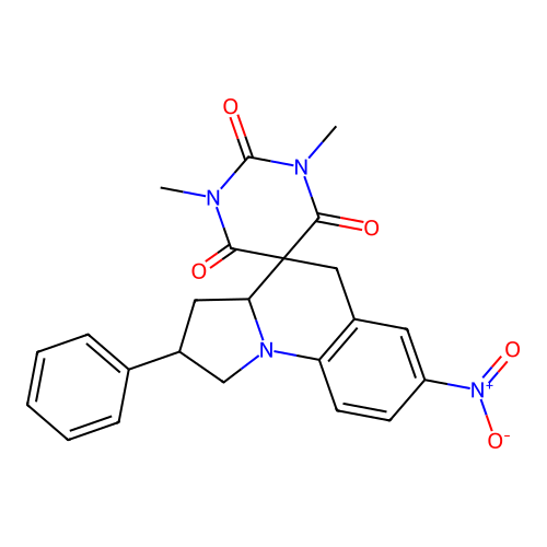 1,3-dimethyl-7'-nitro-2'-phenyl-1',2',3',3a'-tetrahydro-2H,5'H-spiro[pyrimidine-5,4'-pyrrolo[1,2-a]quinoline]-2,4,6(1H,3H)-trione structure