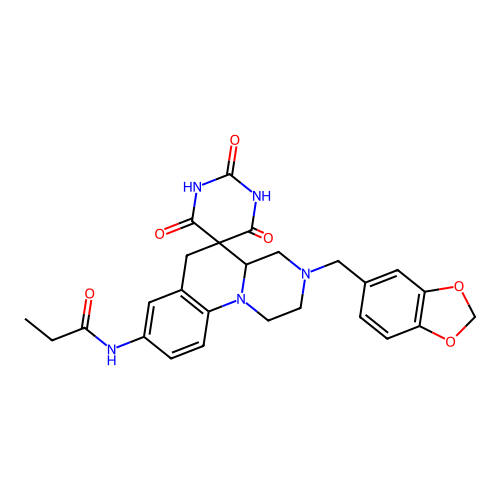 N-(3-(benzo[d][1,3]dioxol-5-ylmethyl)-2',4',6'-trioxo-1,2,2',3,3',4,4a,4',6,6'-decahydro-1'H-spiro[pyrazino[1,2-a]quinoline-5,5'-pyrimidin]-8-yl)propionamide structure
