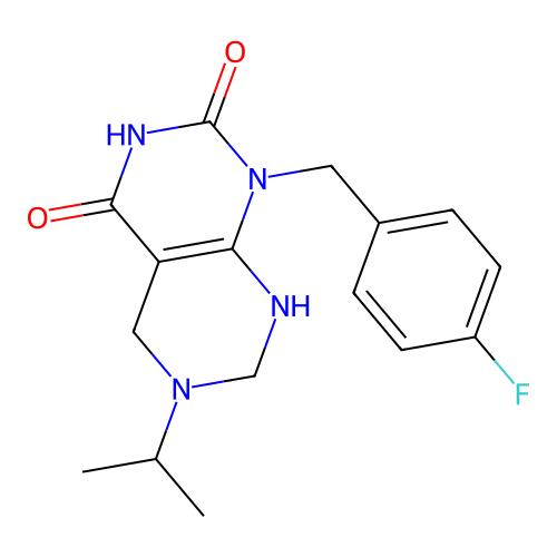 1-(4-fluorobenzyl)-6-isopropyl-5,6,7,8-tetrahydropyrimido[4,5-d]pyrimidine-2,4(1H,3H)-dione structure