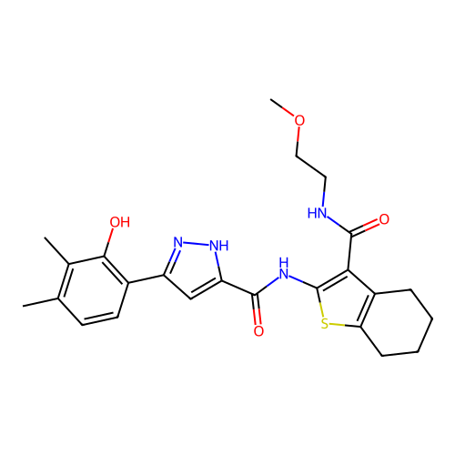 5-(2-hydroxy-3,4-dimethylphenyl)-N-{3-[(2-methoxyethyl)carbamoyl]-4,5,6,7-tetrahydro-1-benzothiophen-2-yl}-1H-pyrazole-3-carboxamide structure