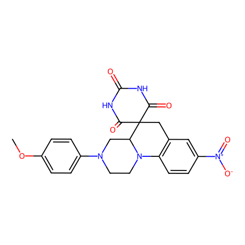 2',6'-dihydroxy-3-(4-methoxyphenyl)-8-nitro-2,3,4,4a-tetrahydro-1H,4'H,6H-spiro[pyrazino[1,2-a]quinoline-5,5'-pyrimidin]-4'-one structure
