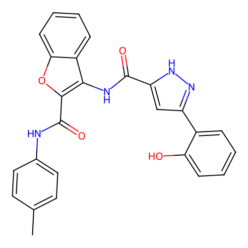 5-(2-hydroxyphenyl)-N-{2-[(4-methylphenyl)carbamoyl]-1-benzofuran-3-yl}-1H-pyrazole-3-carboxamide structure