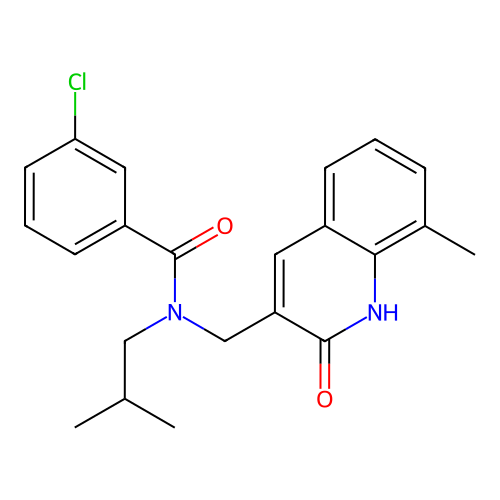 3-chloro-N-[(8-methyl-2-oxo-1H-quinolin-3-yl)methyl]-N-(2-methylpropyl)benzamide structure