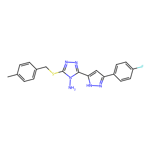 3-(3-(4-fluorophenyl)-1H-pyrazol-5-yl)-5-((4-methylbenzyl)thio)-4H-1,2,4-triazol-4-amine structure