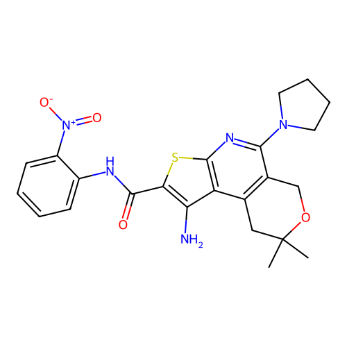1-amino-8,8-dimethyl-N-(2-nitrophenyl)-5-(pyrrolidin-1-yl)-8,9-dihydro-6H-pyrano[4,3-d]thieno[2,3-b]pyridine-2-carboxamide structure