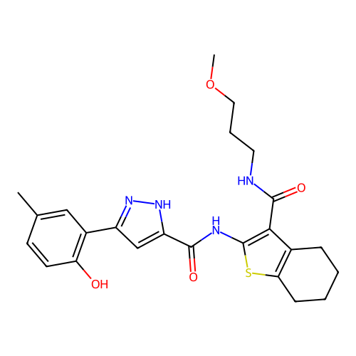 5-(2-hydroxy-5-methylphenyl)-N-{3-[(3-methoxypropyl)carbamoyl]-4,5,6,7-tetrahydro-1-benzothiophen-2-yl}-1H-pyrazole-3-carboxamide structure