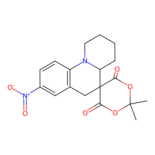 2',2'-dimethyl-8-nitrospiro[1,2,3,4,4a,6-hexahydrobenzo[c]quinolizine-5,5'-1,3-dioxane]-4',6'-dione structure