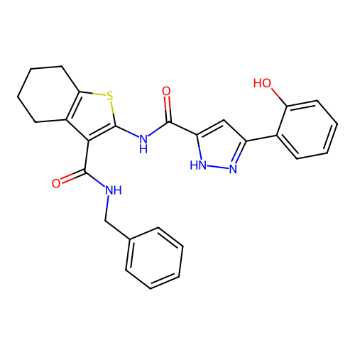 N-[3-(benzylcarbamoyl)-4,5,6,7-tetrahydro-1-benzothiophen-2-yl]-5-(2-hydroxyphenyl)-1H-pyrazole-3-carboxamide structure