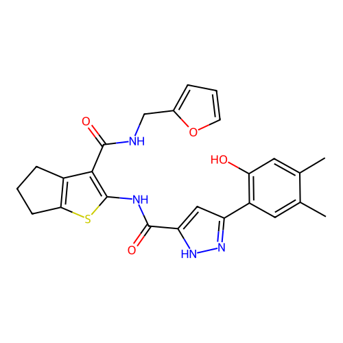 N-{3-[(furan-2-ylmethyl)carbamoyl]-5,6-dihydro-4H-cyclopenta[b]thiophen-2-yl}-5-(2-hydroxy-4,5-dimethylphenyl)-1H-pyrazole-3-carboxamide structure