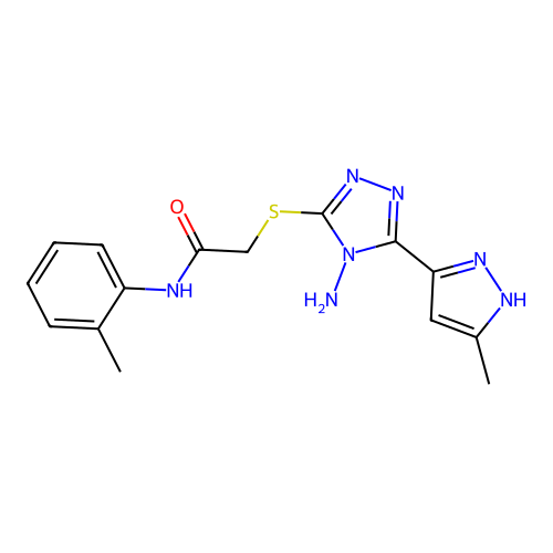 2-[[4-amino-5-(5-methyl-1H-pyrazol-3-yl)-1,2,4-triazol-3-yl]sulfanyl]-N-(2-methylphenyl)acetamide structure