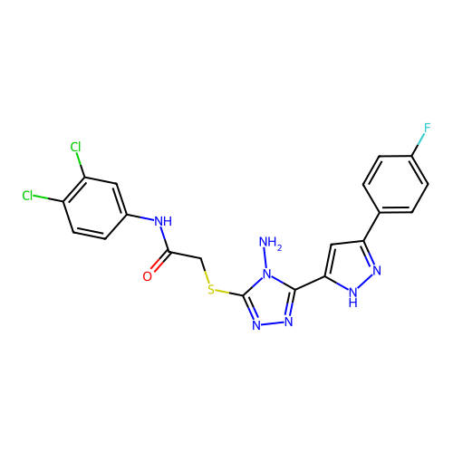 2-((4-amino-5-(3-(4-fluorophenyl)-1H-pyrazol-5-yl)-4H-1,2,4-triazol-3-yl)thio)-N-(3,4-dichlorophenyl)acetamide structure