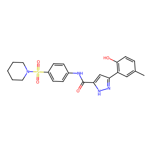 5-(2-hydroxy-5-methylphenyl)-N-[4-(piperidin-1-ylsulfonyl)phenyl]-1H-pyrazole-3-carboxamide structure