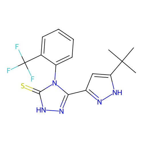 3-(5-tert-butyl-1H-pyrazol-3-yl)-4-[2-(trifluoromethyl)phenyl]-1H-1,2,4-triazole-5-thione structure