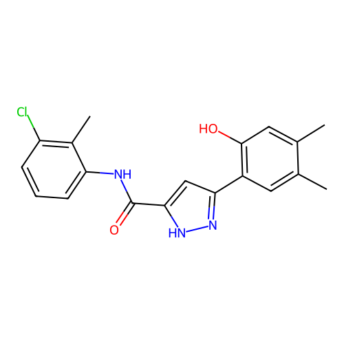 N-(3-chloro-2-methylphenyl)-5-(2-hydroxy-4,5-dimethylphenyl)-1H-pyrazole-3-carboxamide structure