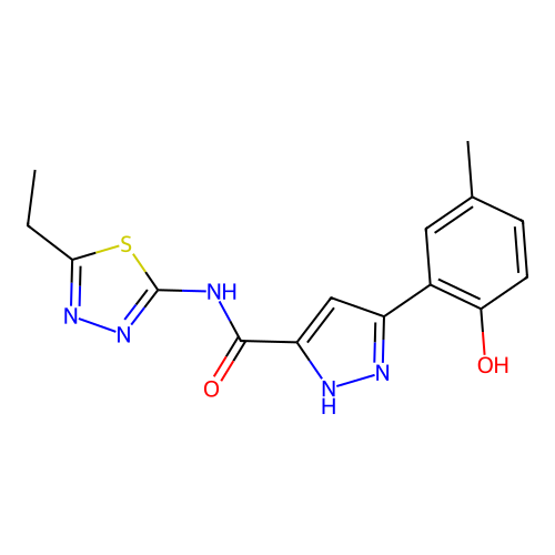 N-(5-ethyl-1,3,4-thiadiazol-2-yl)-5-(2-hydroxy-5-methylphenyl)-1H-pyrazole-3-carboxamide structure