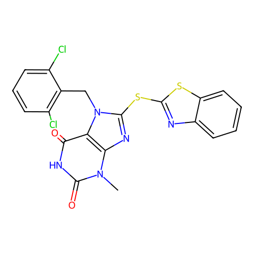 8-(benzo[d]thiazol-2-ylthio)-7-(2,6-dichlorobenzyl)-3-methyl-1H-purine-2,6(3H,7H)-dione structure