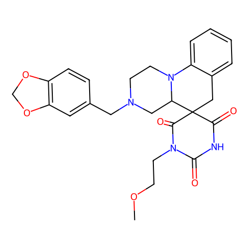 3'-(1,3-benzodioxol-5-ylmethyl)-1-(2-methoxyethyl)spiro[1,3-diazinane-5,5'-2,4,4a,6-tetrahydro-1H-pyrazino[1,2-a]quinoline]-2,4,6-trione structure