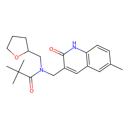 2,2-dimethyl-N-[(6-methyl-2-oxo-1H-quinolin-3-yl)methyl]-N-(oxolan-2-ylmethyl)propanamide structure