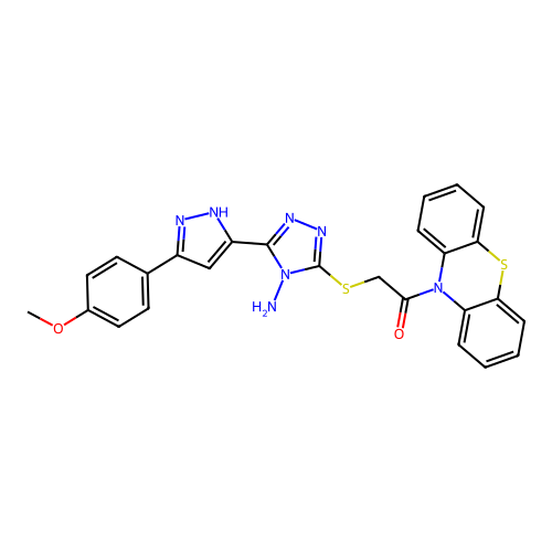 2-((4-amino-5-(3-(4-methoxyphenyl)-1H-pyrazol-5-yl)-4H-1,2,4-triazol-3-yl)thio)-1-(10H-phenothiazin-10-yl)ethanone structure