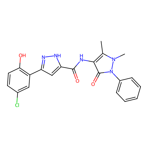 5-(5-chloro-2-hydroxyphenyl)-N-(1,5-dimethyl-3-oxo-2-phenyl-2,3-dihydro-1H-pyrazol-4-yl)-1H-pyrazole-3-carboxamide structure