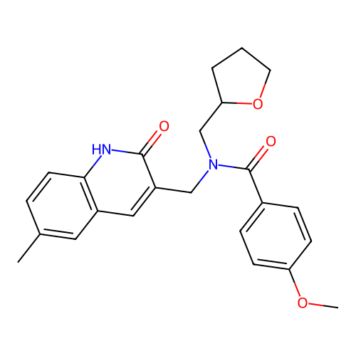N-((2-hydroxy-6-methylquinolin-3-yl)methyl)-4-methoxy-N-((tetrahydrofuran-2-yl)methyl)benzamide structure