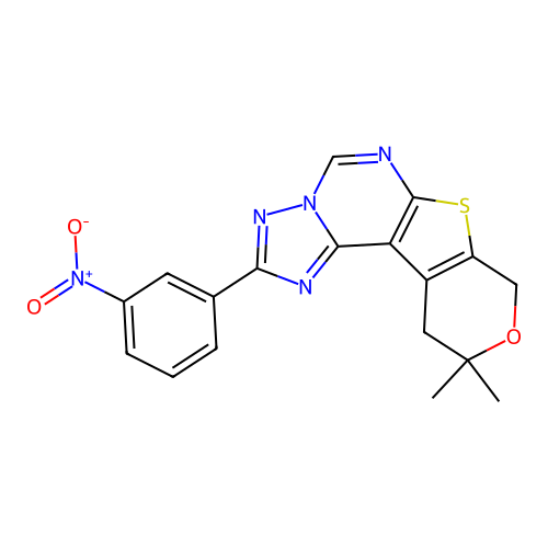 10,10-dimethyl-2-(3-nitrophenyl)-10,11-dihydro-8H-pyrano[4',3':4,5]thieno[3,2-e][1,2,4]triazolo[1,5-c]pyrimidine structure