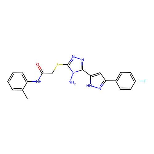 2-((4-amino-5-(3-(4-fluorophenyl)-1H-pyrazol-5-yl)-4H-1,2,4-triazol-3-yl)thio)-N-(o-tolyl)acetamide structure