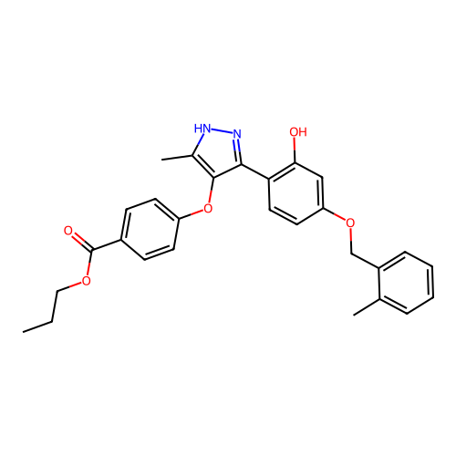 propyl 4-((3-(2-hydroxy-4-((2-methylbenzyl)oxy)phenyl)-5-methyl-1H-pyrazol-4-yl)oxy)benzoate structure