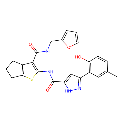 N-{3-[(furan-2-ylmethyl)carbamoyl]-5,6-dihydro-4H-cyclopenta[b]thiophen-2-yl}-5-(2-hydroxy-5-methylphenyl)-1H-pyrazole-3-carboxamide structure