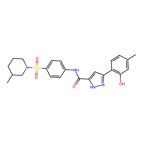 3-(2-hydroxy-4-methylphenyl)-N-{4-[(3-methyl-1-piperidinyl)sulfonyl]phenyl}-1H-pyrazole-5-carboxamide structure