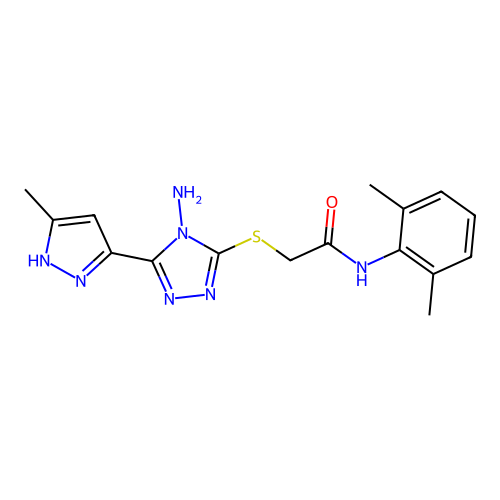 2-((4-amino-5-(3-methyl-1H-pyrazol-5-yl)-4H-1,2,4-triazol-3-yl)thio)-N-(2,6-dimethylphenyl)acetamide structure