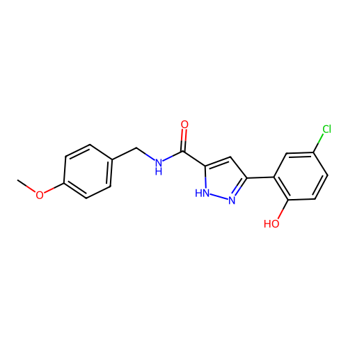 5-(5-chloro-2-hydroxyphenyl)-N-(4-methoxybenzyl)-1H-pyrazole-3-carboxamide structure