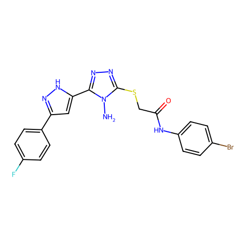 2-((4-amino-5-(3-(4-fluorophenyl)-1H-pyrazol-5-yl)-4H-1,2,4-triazol-3-yl)thio)-N-(4-bromophenyl)acetamide structure