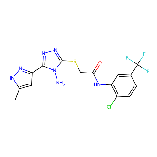 2-((4-amino-5-(3-methyl-1H-pyrazol-5-yl)-4H-1,2,4-triazol-3-yl)thio)-N-(2-chloro-5-(trifluoromethyl)phenyl)acetamide structure