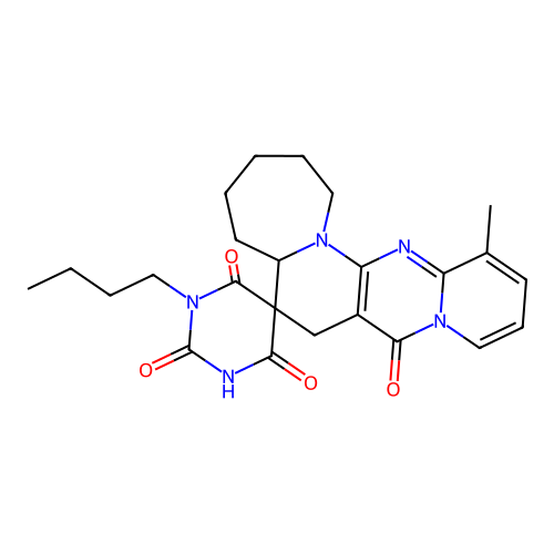 1'-butyl-13-methyl-1,2,3,4,5,5a-hexahydro-1'H-spiro[pyrido[1'',2'':1',2']pyrimido[5',4':5,6]pyrido[1,2-a]azepine-6,5'-pyrimidine]-2',4',6',8(3'H,7H)-tetraone structure